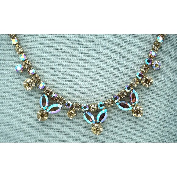 Vintage Sherman Rhinestone Necklace Aurora Borealis and Clear Signed Jewelry - Picture 2 of 10